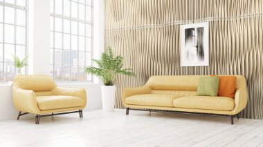 Modern parlak iç. 3D render