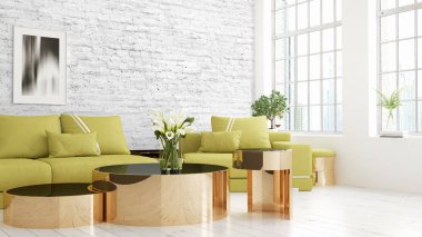 Modern parlak iç. 3D render