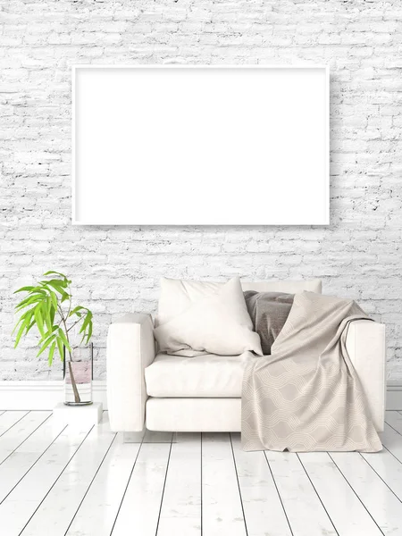 Modern bright interior with empty frame . 3D rendering — Stock Photo, Image