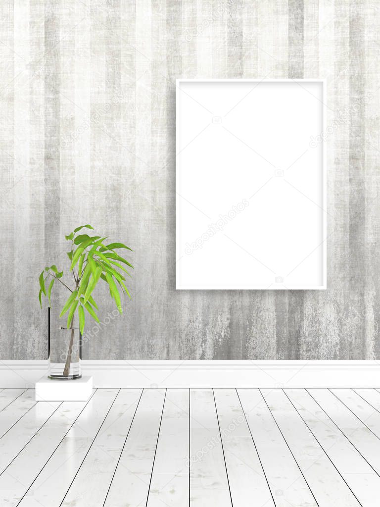 Modern bright interior with empty frame . 3D rendering