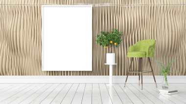 Boş çerçeve ile modern parlak iç. 3D render