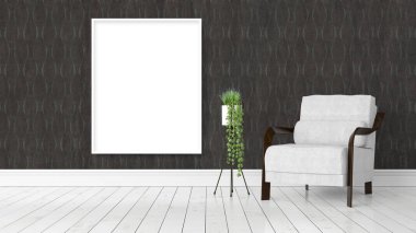 Modern bright interior with empty frame . 3D rendering clipart