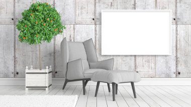 Boş çerçeve ile modern parlak iç. 3D render