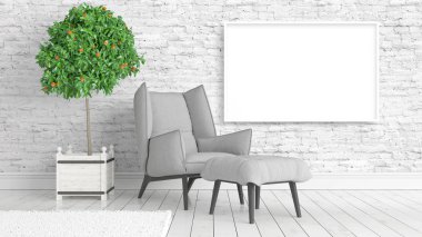 Boş çerçeve ile modern parlak iç. 3D render