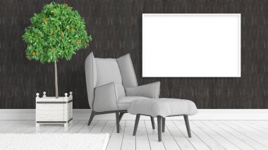 Boş çerçeve ile modern parlak iç. 3D render