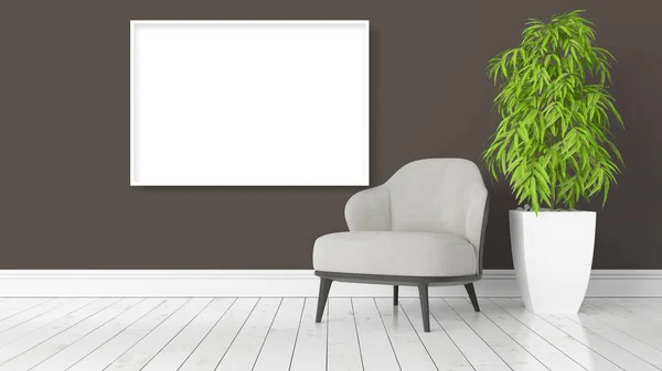 Modern bright interior with empty frame . 3D rendering — Stock Photo, Image