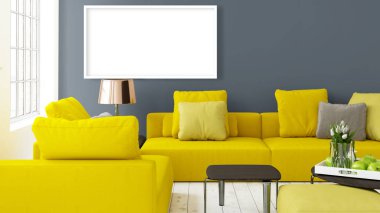 Boş çerçeve ile modern parlak iç. 3D render