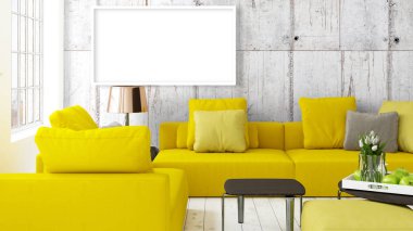 Boş çerçeve ile modern parlak iç. 3D render