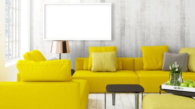 Boş çerçeve ile modern parlak iç. 3D render