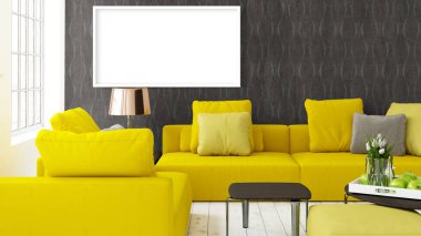 Boş çerçeve ile modern parlak iç. 3D render