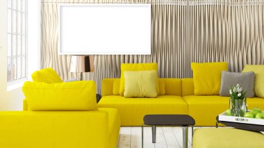 Boş çerçeve ile modern parlak iç. 3D render