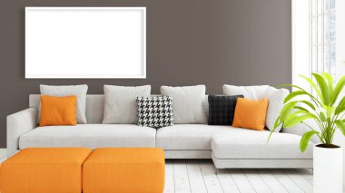 Boş çerçeve ile modern parlak iç. 3D render