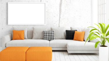 Boş çerçeve ile modern parlak iç. 3D render