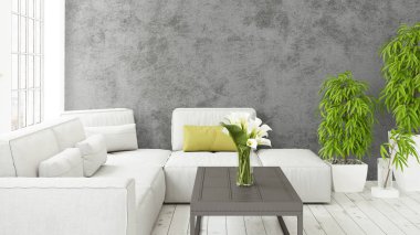 Büyük pencere ile modern parlak iç. 3D render