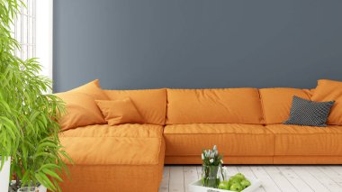 Büyük pencere ile modern parlak iç. 3D render