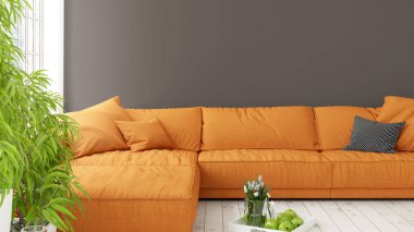 Büyük pencere ile modern parlak iç. 3D render