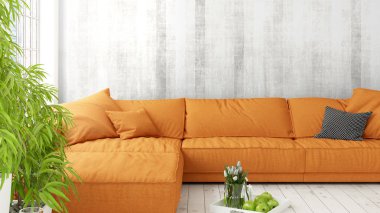 Büyük pencere ile modern parlak iç. 3D render