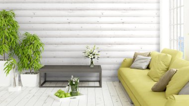 Büyük pencere ile modern parlak iç. 3D render