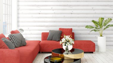 Büyük pencere ile modern parlak iç. 3D render