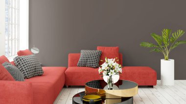 Büyük pencere ile modern parlak iç. 3D render