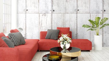 Büyük pencere ile modern parlak iç. 3D render