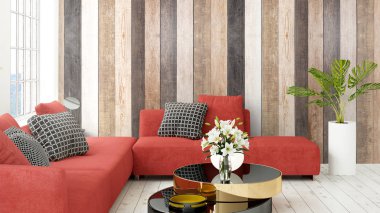 Büyük pencere ile modern parlak iç. 3D render