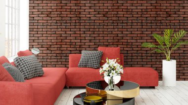 Büyük pencere ile modern parlak iç. 3D render