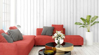 Büyük pencere ile modern parlak iç. 3D render