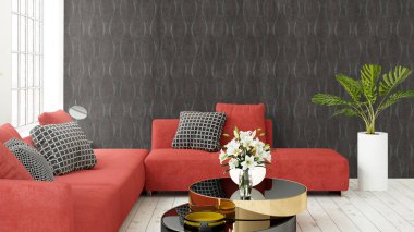 Büyük pencere ile modern parlak iç. 3D render