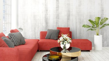 Büyük pencere ile modern parlak iç. 3D render