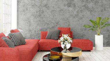 Büyük pencere ile modern parlak iç. 3D render