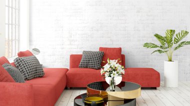 Büyük pencere ile modern parlak iç. 3D render