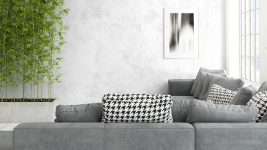 Büyük pencere ile modern parlak iç. 3D render