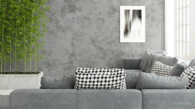 Büyük pencere ile modern parlak iç. 3D render