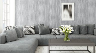 Büyük pencere ile modern parlak iç. 3D render