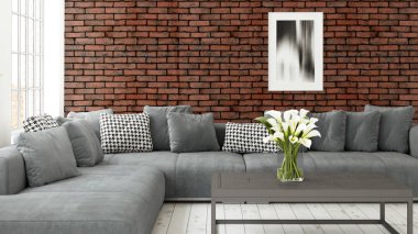 Büyük pencere ile modern parlak iç. 3D render