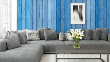 Büyük pencere ile modern parlak iç. 3D render