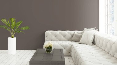 Büyük pencere ile modern parlak iç. 3D render