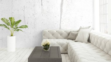 Büyük pencere ile modern parlak iç. 3D render