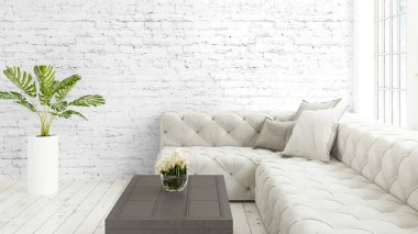 Büyük pencere ile modern parlak iç. 3D render