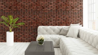 Büyük pencere ile modern parlak iç. 3D render