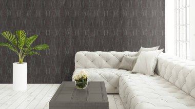 Büyük pencere ile modern parlak iç. 3D render