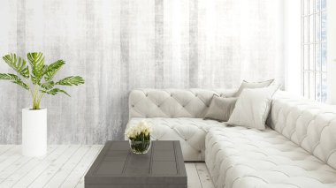 Büyük pencere ile modern parlak iç. 3D render