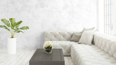Büyük pencere ile modern parlak iç. 3D render