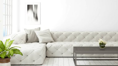 Büyük pencere ile modern parlak iç. 3D render