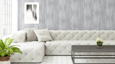 Büyük pencere ile modern parlak iç. 3D render