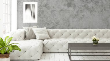 Büyük pencere ile modern parlak iç. 3D render