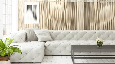 Büyük pencere ile modern parlak iç. 3D render