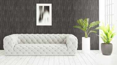 Büyük pencere ile modern parlak iç. 3D render