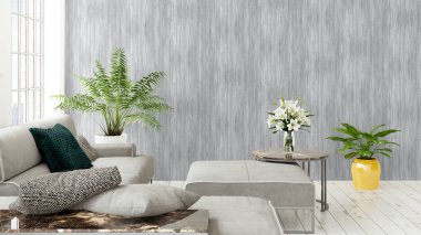 Büyük pencere ile modern parlak iç. 3D render